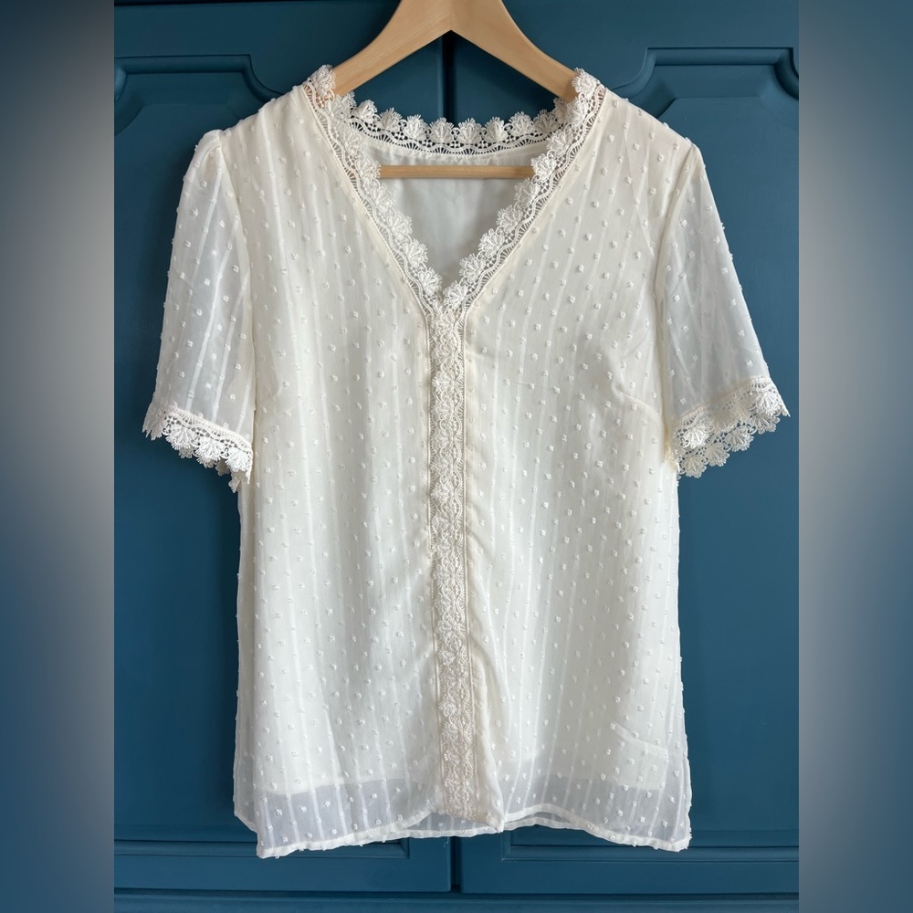 Elegant Lace Trimmed Off White Blouse